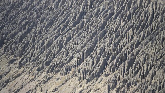 Close-up Aerial View of Dushanzi Grand Canyon Mudstone Texture in Xinjiang: Geological Strata, Erosion Gullies, Mudstone Formations along Duku Highway
