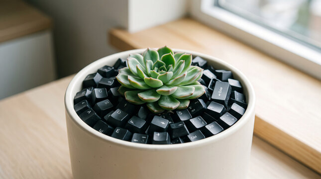 Succulent Plant Growing in a Pot Filled with Computer Keyboard Keys