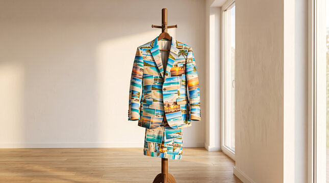 Men's Summer Suit with Tropical Beach Print on Valet Stand