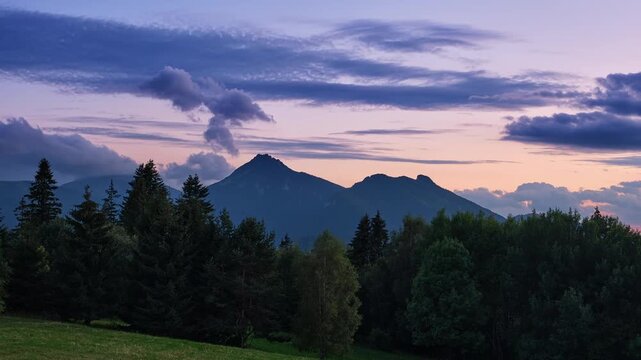 Sunset Timelapse over Velky Rozsutec Mountain Peak with Dusk Colors and Clouds