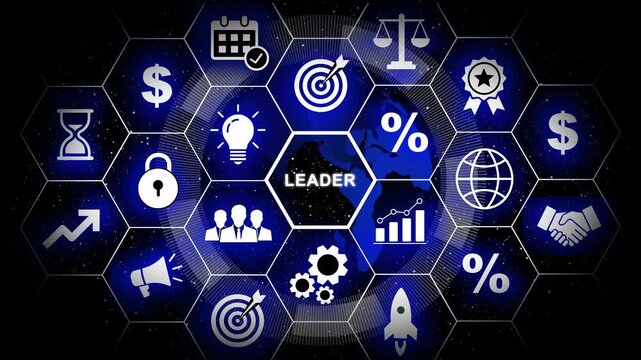 Corporate leadership concept featuring digital hexagon infographic network with business global strategy, management growth, financial success, and teamwork symbols on a dark blue background