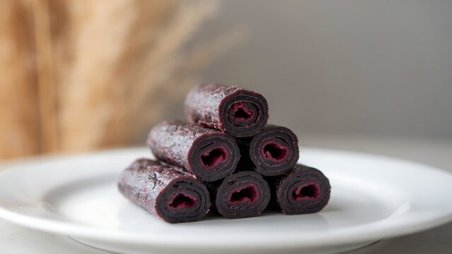 Stack of delicious fruit leather rolls on a white plate