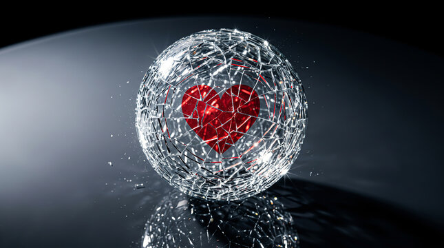 Red Heart Glowing Inside a Crystal Mesh Sphere Structure