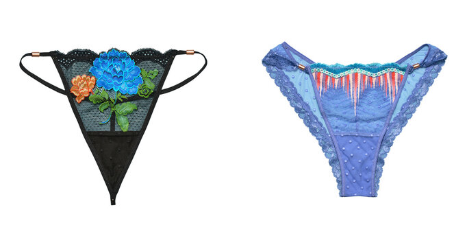 PNG Set of Stylish Women's Blue and Black Bikini Briefs with Floral Pattern and Delicate Lace Details for Fashion Swimwear Isolated PNG Transparent Background .PNG Women's Underwear