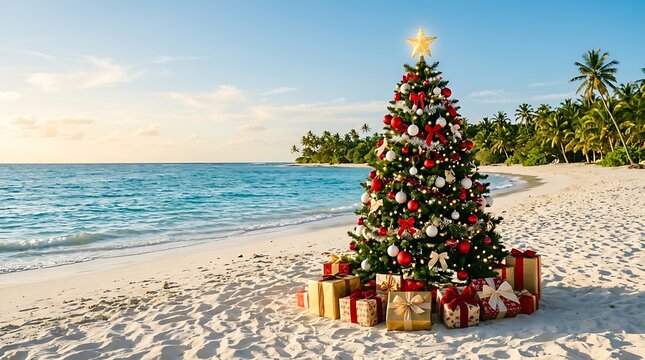 A beautifully decorated christmas tree standing on a tropical sandy beach with wrapped gifts underneath, set against a serene ocean and palm tree background