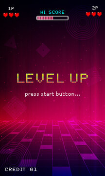 Level up. pixel art 8 bit. Retro Futurism Sci-Fi Background. glowing neon grid. and stars from vintage arcade computer games. Vertical Backgrounds