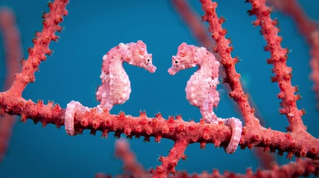 Caballitos de mar pigmeos sobre coral rojo