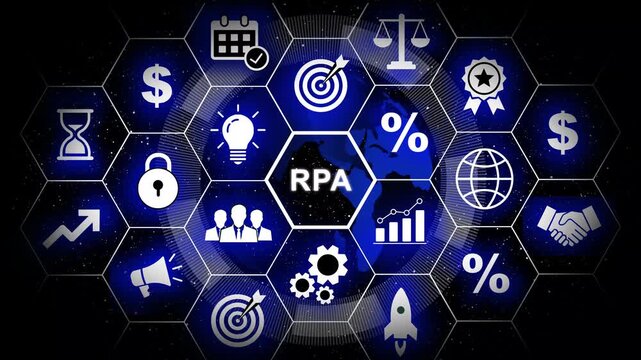 Robotic process automation rpa technology concept with digital hexagonal interface featuring business growth, data analytics, global connectivity, and automated workflow solutions for modern