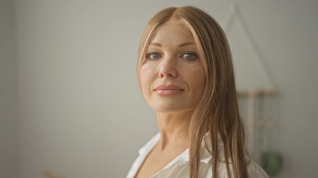 Young blonde woman smiling with teeth visible, wearing white blouse and long hair in a studio portrait; warm approachable confidence.
