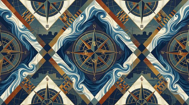 Geometric nautical compass and ocean wave pattern in art deco style.