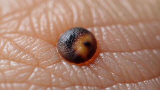 Extreme macro footage of a single irregular dark pigmented mole attached to the surface of human skin