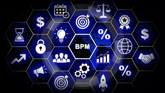 Business process management bpm digital infographic interface featuring hexagonal for corporate strategy, workflow optimization, data analytics, global connectivity, and efficiency solutions