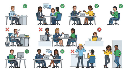 Fototapeta premium Modern Office Meeting Etiquette Good and Bad Behavior Illustrated with Diverse Professionals in Business Attire