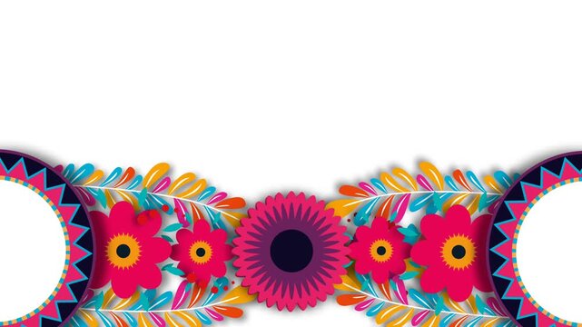 Colorful Hispanic Heritage Month Border Animation with Traditional Mexican Folk Art Flowers.