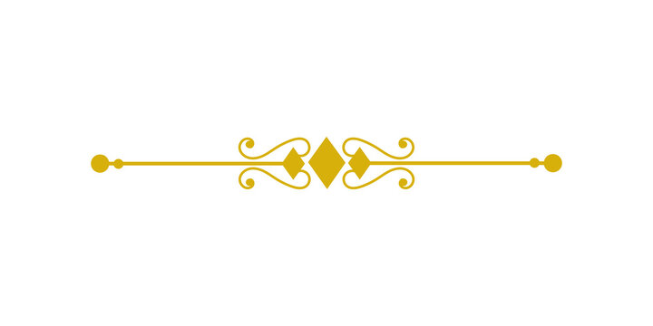 Golden decorative divider with ornate flourishes and diamond shapes isolated on transparent background