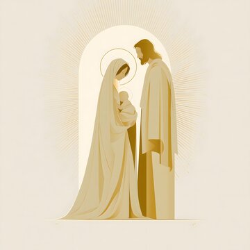 minimalist holy family composition, Mary Joseph and infant Jesus centered against a softly radiant cream and gold background, subtle luminous atmosphere, elegant flowing fabrics, simplified