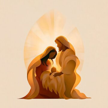 minimalist holy family composition, Mary Joseph and infant Jesus centered against a softly radiant cream and gold background, subtle luminous atmosphere, elegant flowing fabrics, simplified