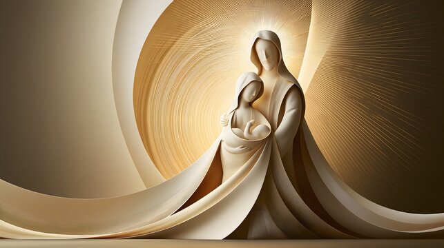 premium 3D artistic interpretation of the holy family, Mary Joseph and infant Jesus surrounded by a gentle radiant golden background, subtle celestial glow, elegant flowing forms, warm ivory gold and