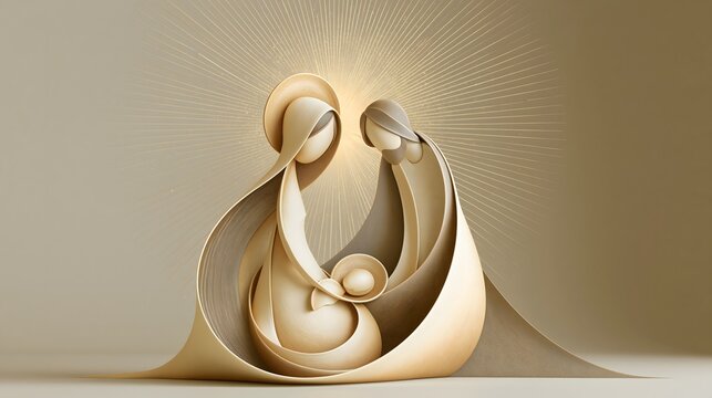 premium 3D artistic interpretation of the holy family, Mary Joseph and infant Jesus surrounded by a gentle radiant golden background, subtle celestial glow, elegant flowing forms, warm ivory gold and