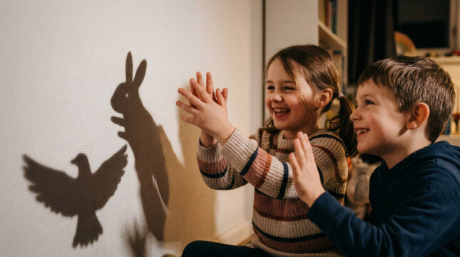 Two joyful young siblings, a girl and a boy, are happily clapping their hands while creating whimsical shadow puppets on a bright wall in a cozy indoor setting.