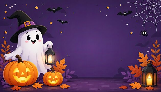 Cute ghost halloween background featuring pumpkins and lanterns on purple