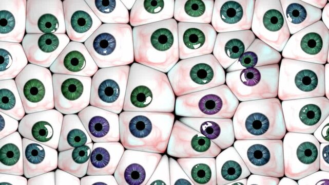 Eyeballs mosaic pattern blinks and pulses in a dynamic 3D animation creating a surreal psychedelic visual background for electronic music and vj club sets