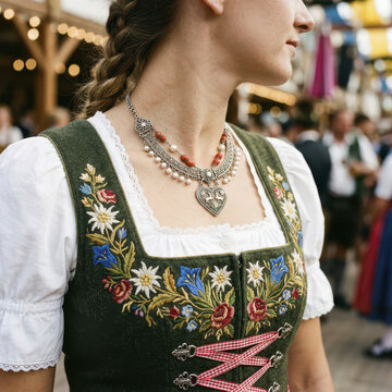 Traditional dirndl dress with floral embroidery and heart necklace at festive event