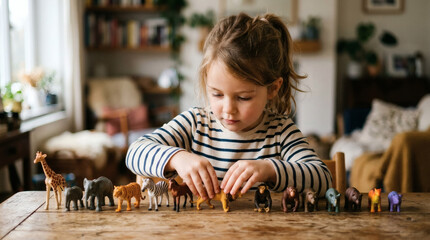 Naklejka premium A young girl with a ponytail arranges a line of colorful plastic toy animals on a wooden table in a softly lit room.