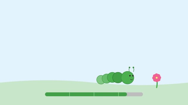 Cute green caterpillar crawling toward a pink flower with a progress bar loading animation in nature