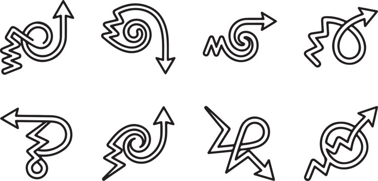 Collection of abstract directional and decorative swirl arrow icons in black and white line art style.