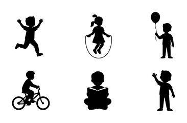 Obraz premium 70 Children Silhouettes Set: Active Play, Reading, Cycling, Balloon Fun, Vector Icons for Childhood Activities and Recreation 100