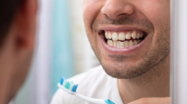 Gros plan sur la bouche d'un homme qui tient une brosse &agrave; dents devant un miroir, dents irr&eacute;guli&egrave;res qui se chevauchent
