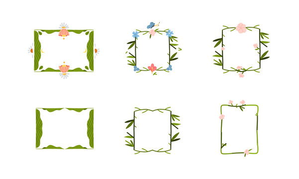 Floral Frames Vector Set, Hand Drawn Botanical Flower Borders with Leaves, Decorative Templates for Wedding Invitations, Cards, Posters and Branding