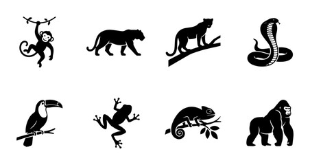 Fototapeta premium 70 Jungle Wildlife Silhouette Icons: Monkey, Panther, Cobra, Toucan, Frog, Chameleon, Gorilla, Vector Set 100