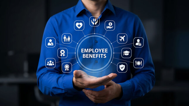 Businessman presenting virtual employee benefits diagram and perks icons in office