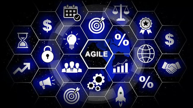 Dynamic agile methodology concept featuring glowing hexagonal infographic business strategy digital transformation workflow, project management optimization, and corporate growth visualization