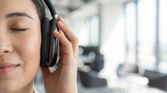 Happy young woman listening to music with wireless headphones