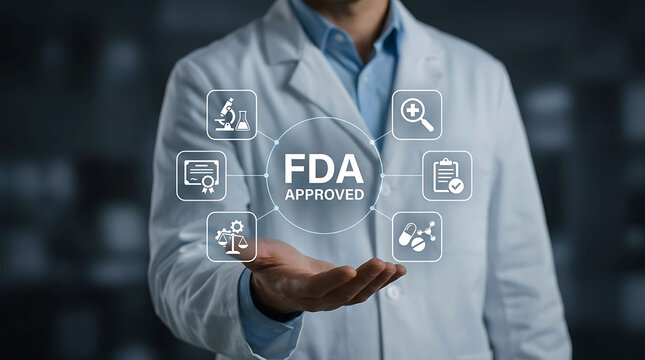 Medical professional holding futuristic FDA approved concept with digital icons