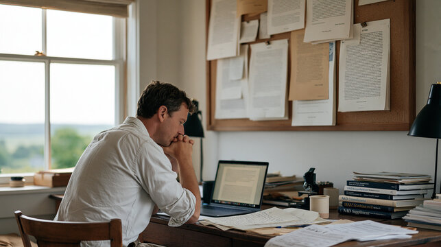 A ghostwriter at a quiet farmhouse desk surrounded by handwritten drafts and NAD supplement research printouts, before and after manuscript pages pinned to a corkboard above the