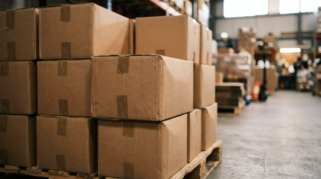 A neat stack of brown cardboard boxes is arranged on a wooden pallet inside a large, well-lit warehouse.