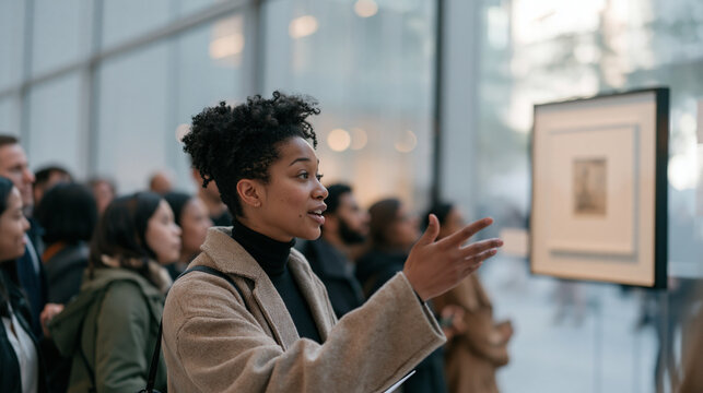 A museum docent gestures toward a single mounted artifact in a busy urban gallery visible through a glass facade, the detailed object commanding attention as visitors crowd