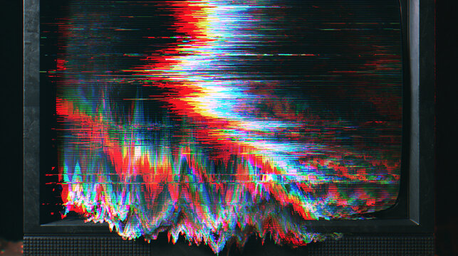 Retro television screen with colorful VHS static distortion