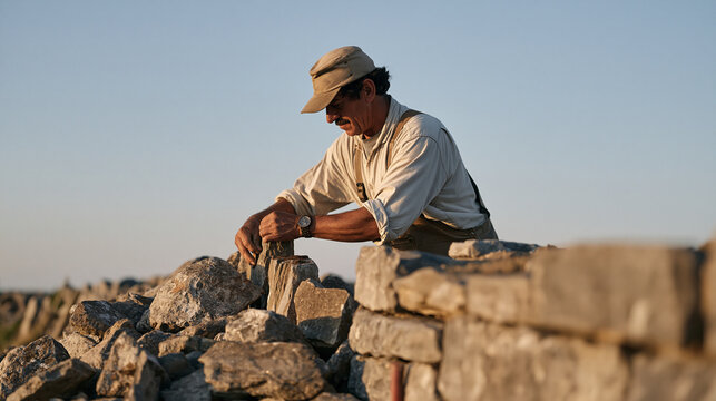 A skilled drystone waller shapes a rustic countryside boundary at twilight blue hour, raw fieldstone arranged in before stage and finished wall after stage side by side,