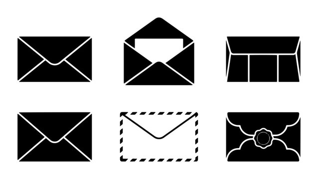 70 Set of 6 Black Silhouette Mail Icons, Envelope Vector Graphics, Correspondence Symbols, Communication Elements, Postal Service Icons, Message Delivery Graphics 100