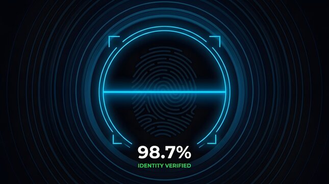 Digital fingerprint scanning interface with glowing blue scanner line and verification percentage