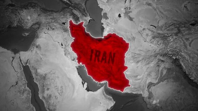 Animation zooming in on the map of Iran, highlighted in glowing red