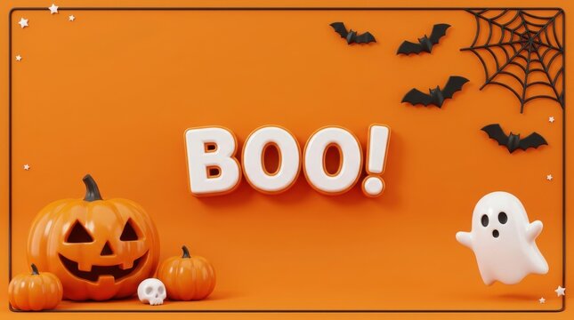 Happy halloween banner with boo text pumpkin ghost and bats on orange background
