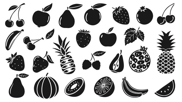 Black Olive and Black and White Fruit and Berry Silhouette Collection Set for Botanical Nature, Food, Decorative Design and Vector Illustration