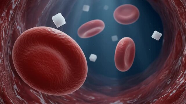 3d animation Red blood cells and sugar cubes floating in a blood vessel
