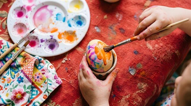 A vibrant and colorful scene of someone meticulously painting the inside of an easter egg with artistic flair